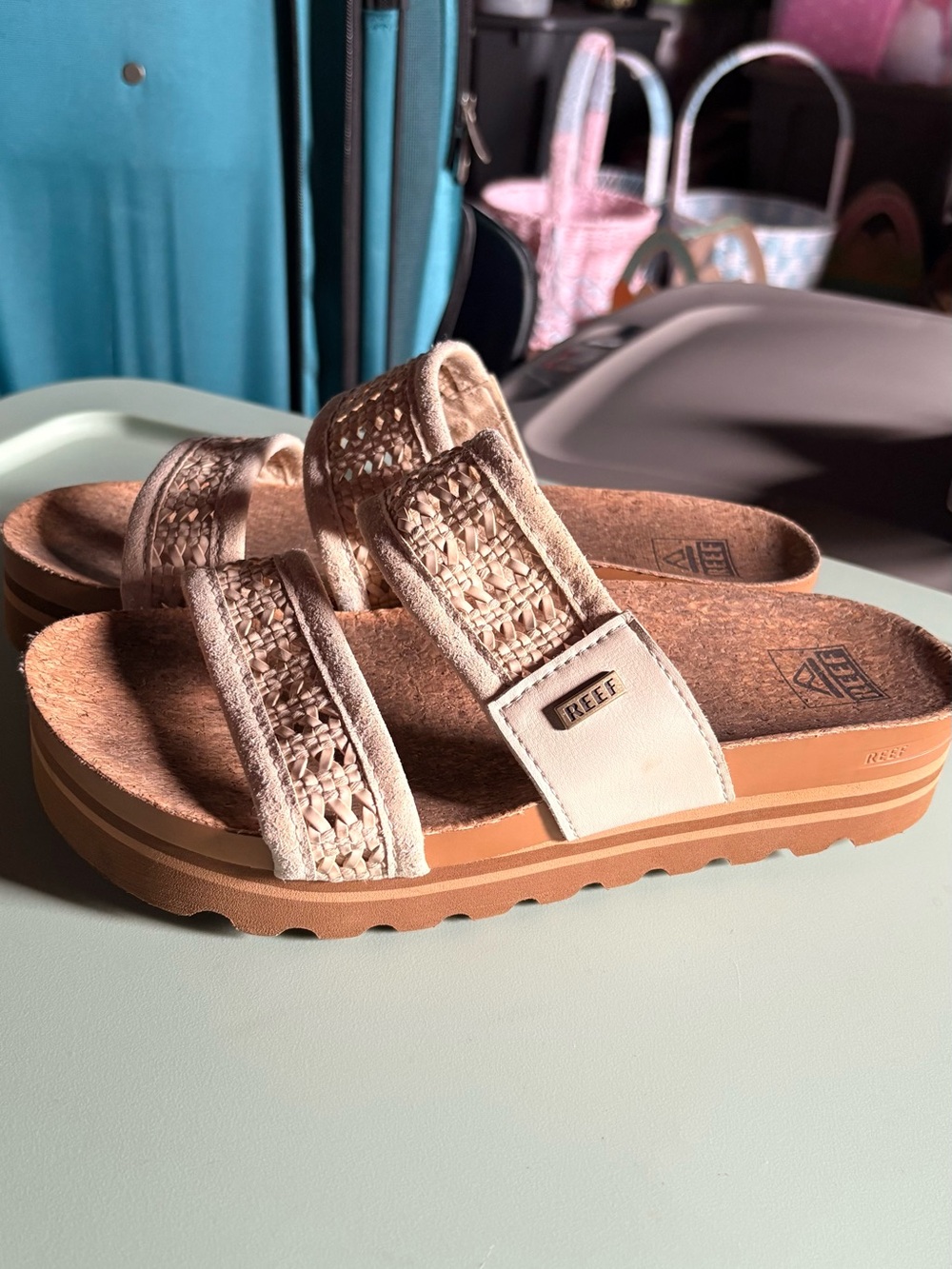 Reef Women’s Tan Woven Double-Strap Slide Sandals
